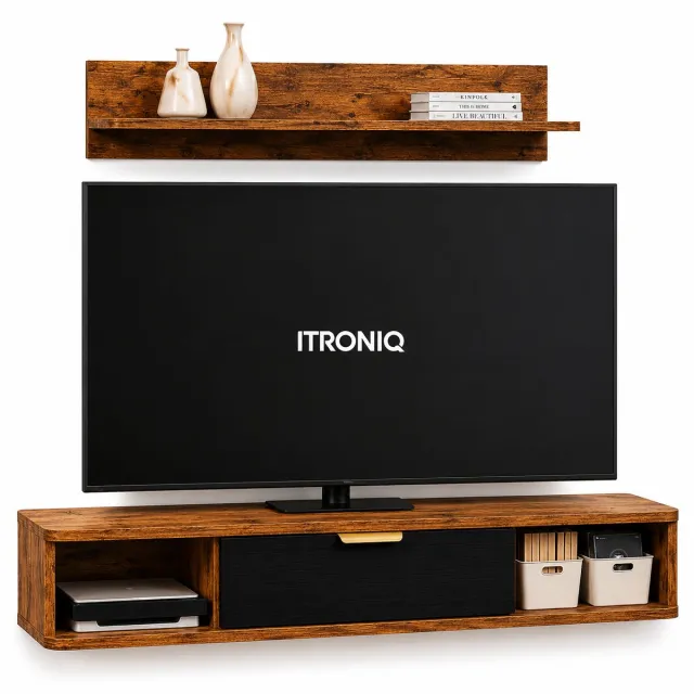 ITRONIQ TV Meubel Met Wandplank - Modern Woonkamermeubel - TV Kast Met Opbergruimte en Kabelgaten - 120 CM - Hout Eiken Zwart Eiken Hout Zwart