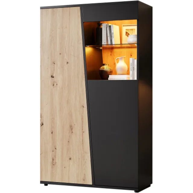 Merax Vitrinekast 80 x 35 x 139.5 cm - met LED - en diverse opbergvakken - afwerking in zwart en hout