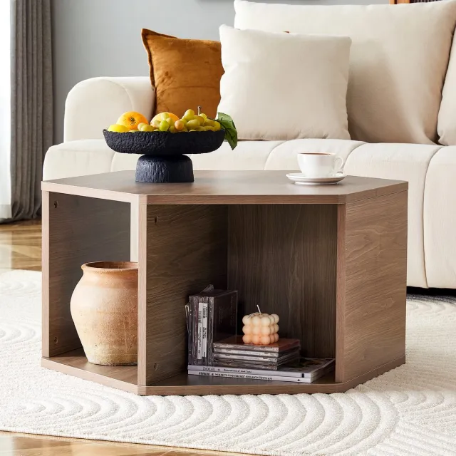 DESMIU Salontafel – Zeshoekig Multifunctioneel Ontwerp Met Natuurlijke Houtnerf – Voor Woonkamer En Diverse Ruimtes – MDF – Bruin – 79x69,4x40 Cm