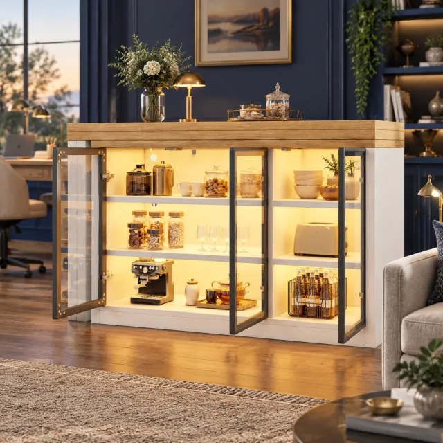 WUVRIE Uitschuifbare eettafel 120-197 cm - 360° draaibaar met opbergkast en lichtsysteem - Wit