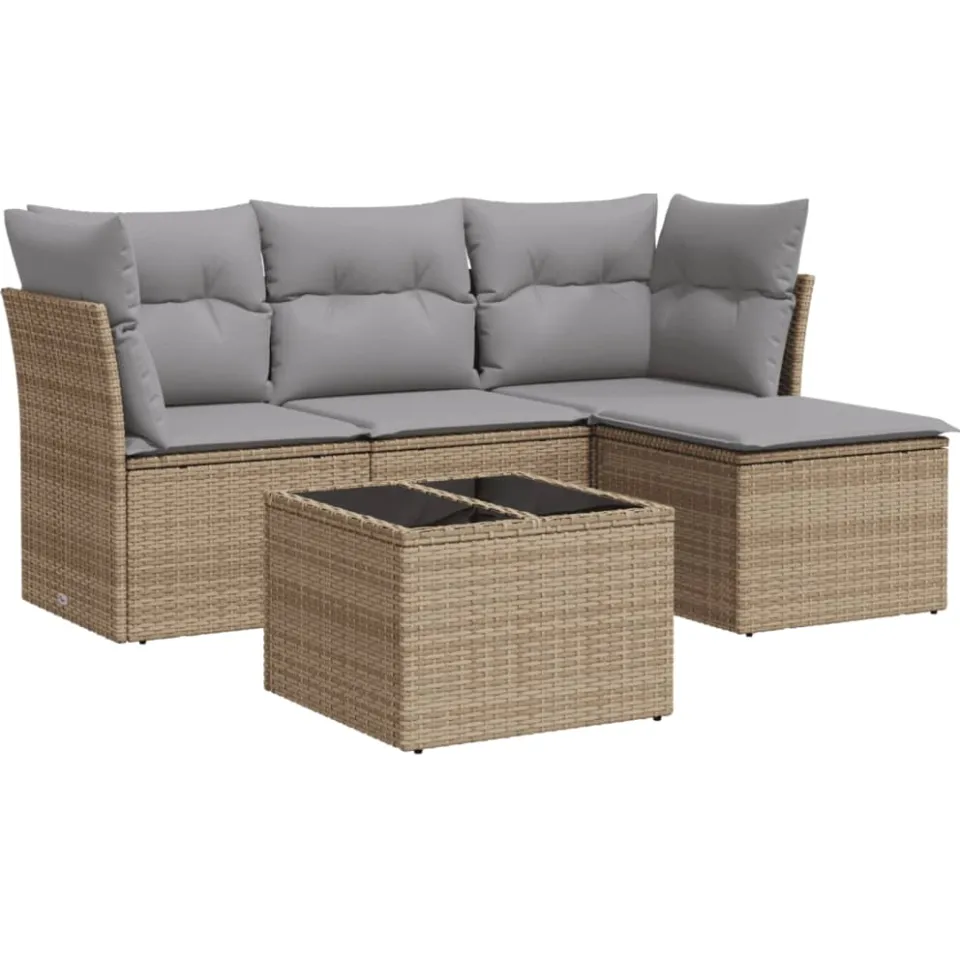 vidaXL 5-delige Loungeset met kussens poly rattan beige