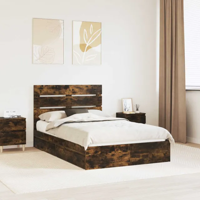 vidaXL Opslag bed met lade Gerookt eiken 135 x 190 cm Bewerkt hout Bruin