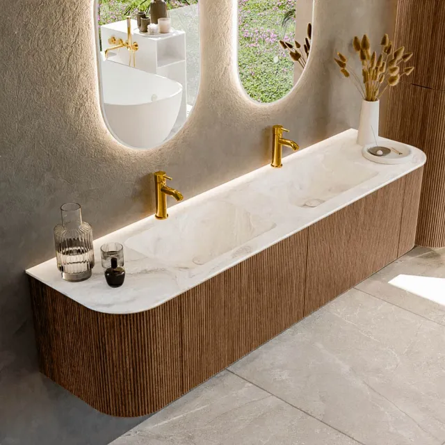 Mondiaz KURVE-DLUX 180 cm Onderkast Greeploos 2 Lades Met Deuren Walnut, Wastafel Solid Surface Dubbel Frappe 2 Kraangaten Zonder Spiegel (KRVLEA180L+R2L2D2KD-Wal/Fra)