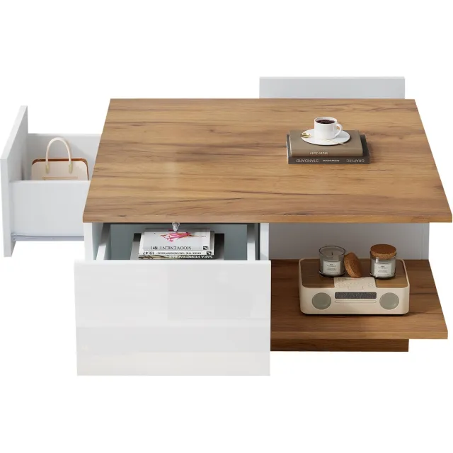 MODFU Salontafel 70x70x31.5 cm van spaanplaat, wit en houtkleur, met 3 lades en hoogglans afwerking, modern Wit+Walnoot