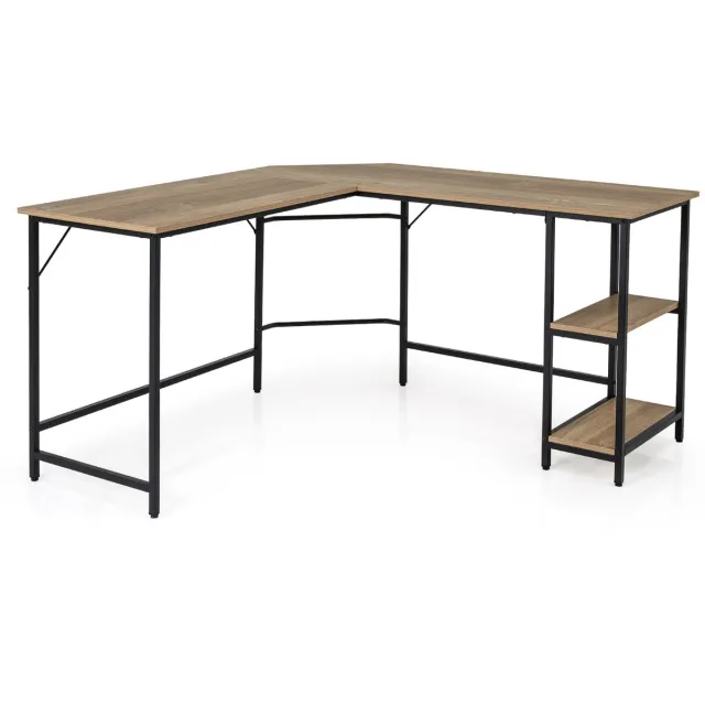 Costway L-vormig bureau, thuiskantoor bureau met 2 legplanken, computertafel met metalen frame en voetensteun, hoekbureau voor kantoor, slaapkamer, studeerkamer (natuur) Naturel