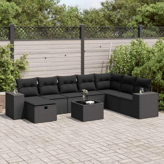 vidaXL 9-delige Loungeset met kussens poly rattan zwart, foto 2