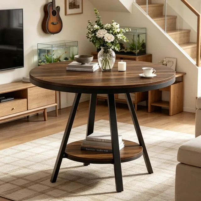 MIVRAY Eettafel Rond - Tweelaags Ontwerp Met Onderplank - Voor Keuken En Eethoek - MDF En Metaal - 90 X 90 X 75 Cm - Zwart En Rustiek Bruin