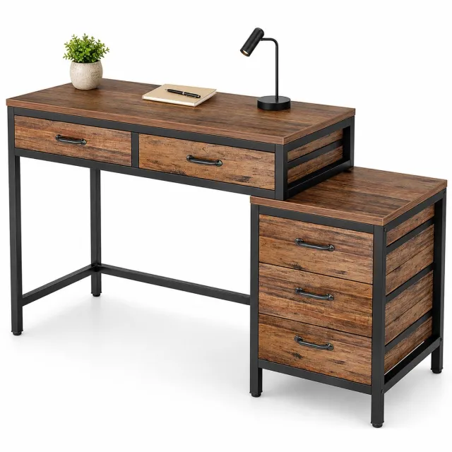 DMG Supply Omkeerbaar Bureau met 5 Lades - Computerbureau met Ladekast - 130 x 45 x 82 cm - Bruin/Zwart