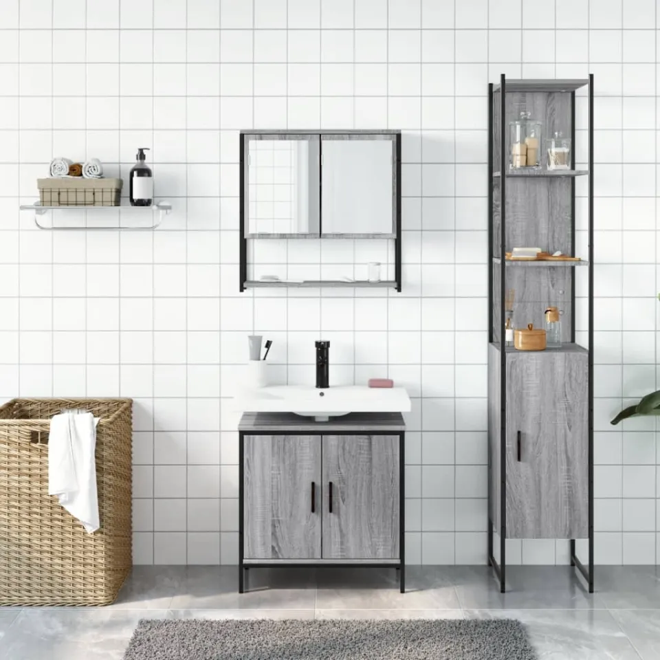 vidaXL 3-delige Badkamermeubelset bewerkt hout grijs sonoma eikenkleur, foto 2