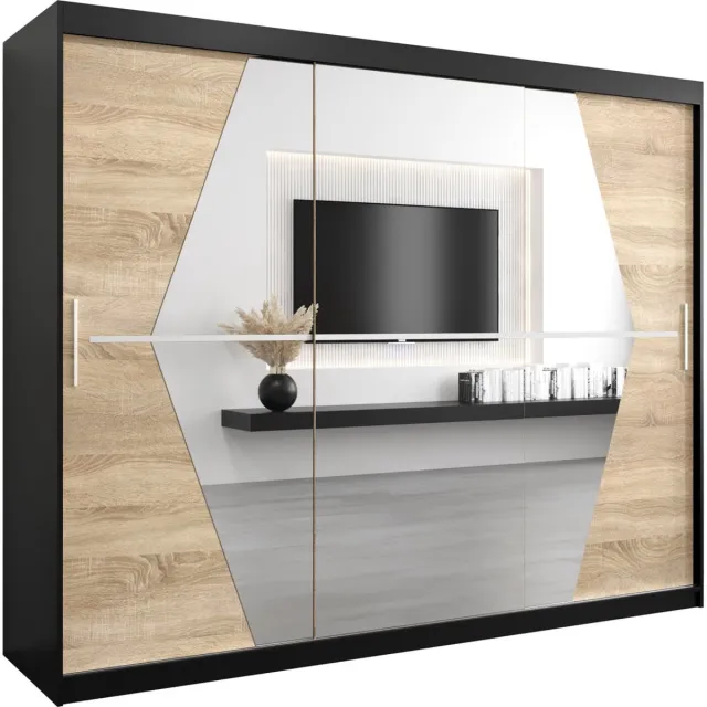InspireME Kledingkast met 3 schuifdeuren, Modern-stijl, Een kledingkast met planken en een spiegel (BxHxD): 250x200x62 - BOLA 250 Zwart Mat + Sonoma Eik