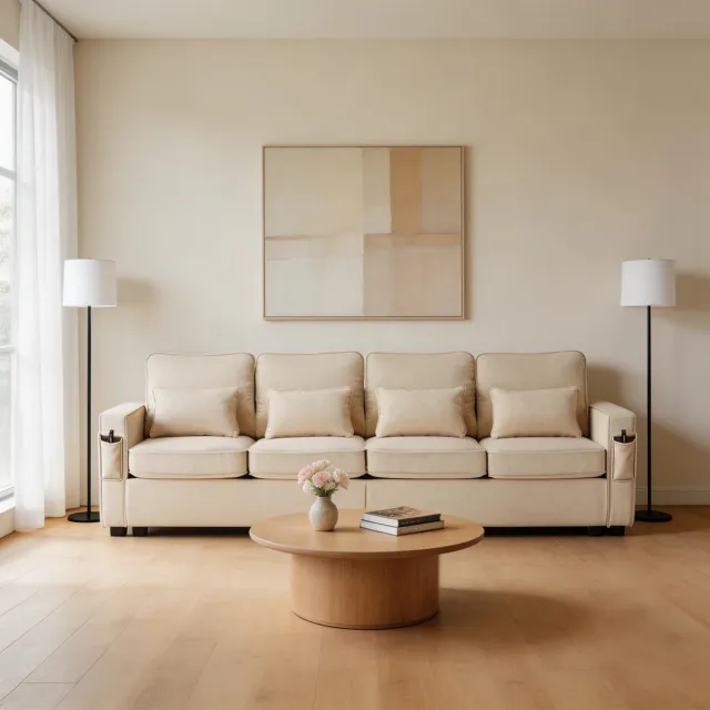 KOMHTOM Moderne 4-zitsbank van linnen - met opbergvakken in de armleuningen en 4 kussens - eenvoudige stijl bank - geschikt voor woonkamer, appartement en kantoor - 3 kleuropties Beige