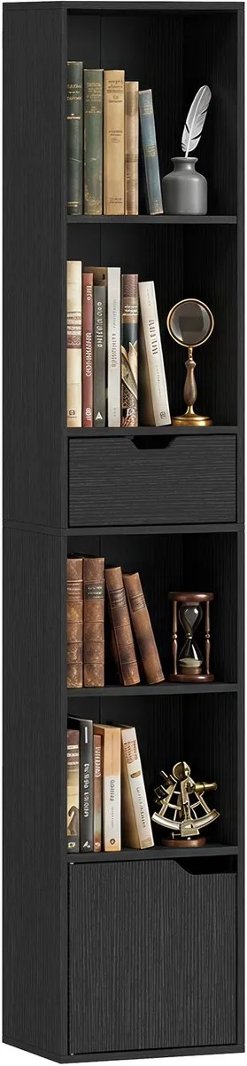 ECTEATOY Boekenkast - Kast met 6 vakken - lade en verstelbaar schap - opbergkast - 30 x 24 x 158 cm - Zwart