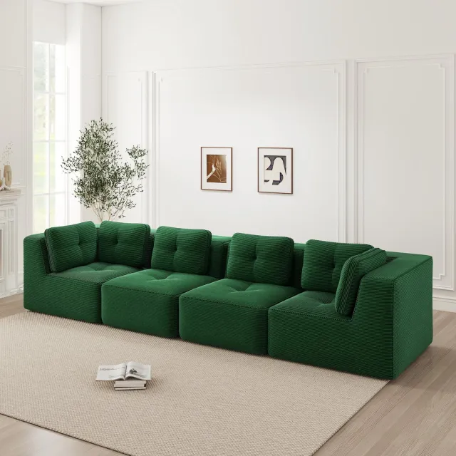 OKWISH Hoekbank 4 Zits - Modulair Ontwerp Met Diepe Zitting En Antislip Voeten - Woonkamer - Corduroy - Groen