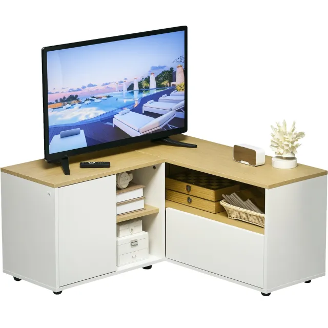Lunpog TV-meubel Hoek 90, Eik en Wit, 90 x 90 x 45 cm, geschikt voor 40-inch tv's, met opbergruimte
