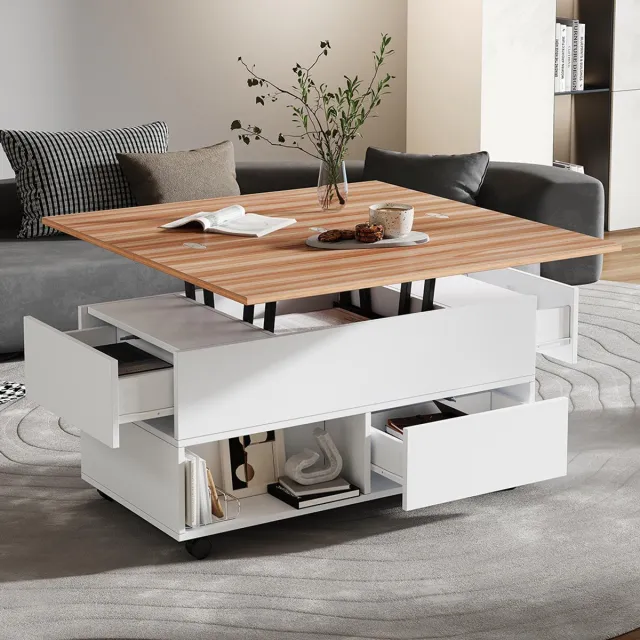 KOMHTOM BLACKCOLORS Salontafel 100*50*52 cm met 4 wieltjes, multifunctionele salontafel met 4 lades, opklapbare salontafel, in hoogte verstelbare salontafel, bijzettafel en eettafel met opbergruimte, wit + houtkleur Wit + Eikenhout