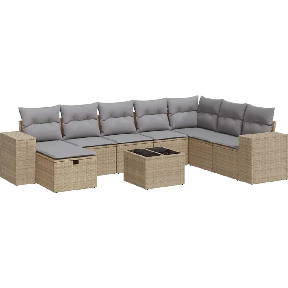 vidaXL 9-delige Loungeset met kussens poly rattan beige, foto 3