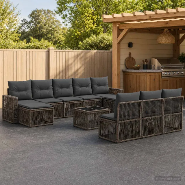 vidaXL Tuinbankenset 11 st 10-zits Grijs en Donkergrijs poly rattan