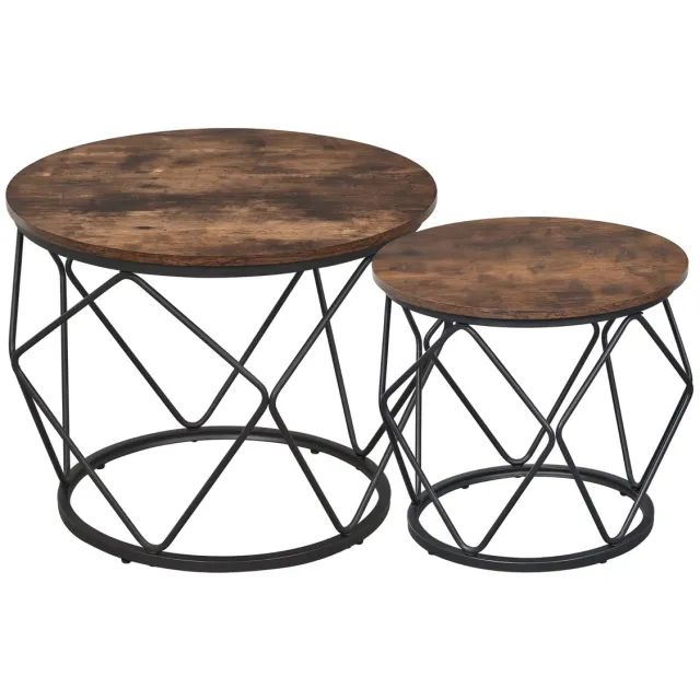 Happiq Salontafel Set van 2 – Voor Woonkamer & Slaapkamer – Ronde Bijzettafels met Metalen Frame – Rustiek Bruin Rustic Brown