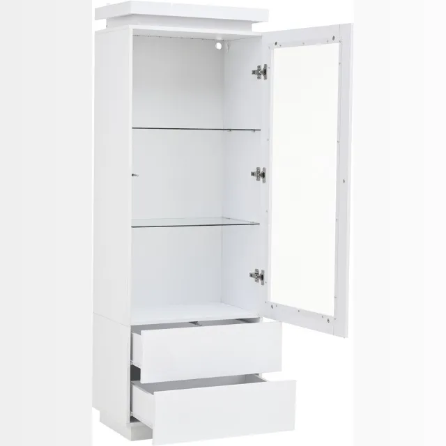 Ropilly Witte Hoge Vitrinekast Met Ledverlichting - Glazen Legplanken - Twee Laden - Woonkamerkast Met Transparante Deur - 60 x 40 x 171 cm
