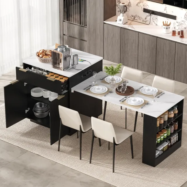 MIVRAY Uitklapbare Eettafel Keuken Eiland Met Led Verlichting Lades En Stopcontacten Modern Zwart Marmerlook 127,5 X 67 X 92 Cm