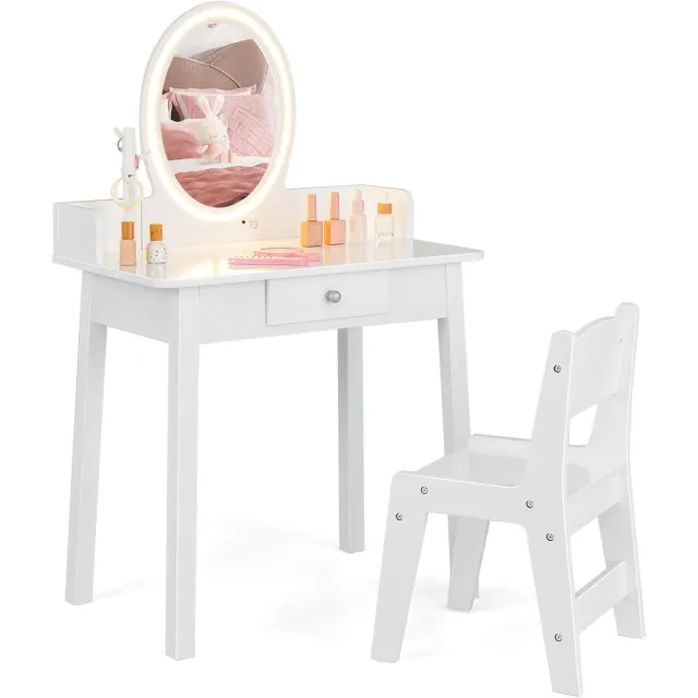 KOMFOTTEU Make-uptafel voor kinderen - kaptafel met verlichte spiegel, kruk, lade en sieradenorganizer - 2-in-1 make-uptafel met tweekleurige ledverlichting voor meisjes - wit