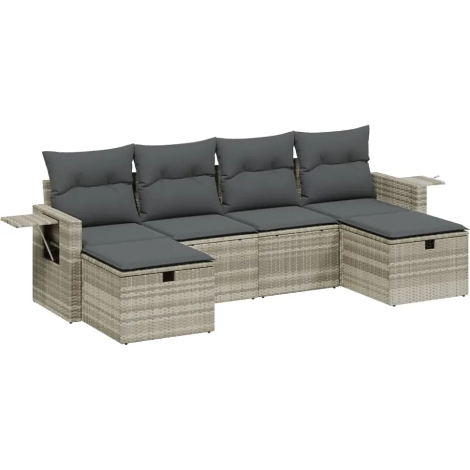 vidaXL 6-delige Loungeset met kussens poly rattan lichtgrijs grijs, foto 3