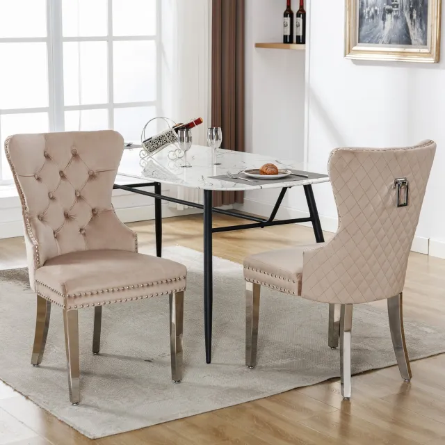 Maisentiel Eetkamerstoelen set van 2 – beige velvet bekleding, metalen poten, gecapitonneerde rugleuning