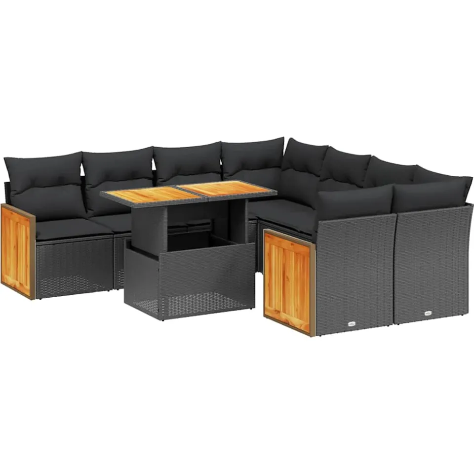 vidaXL 9-delige Loungeset met kussens poly rattan zwart