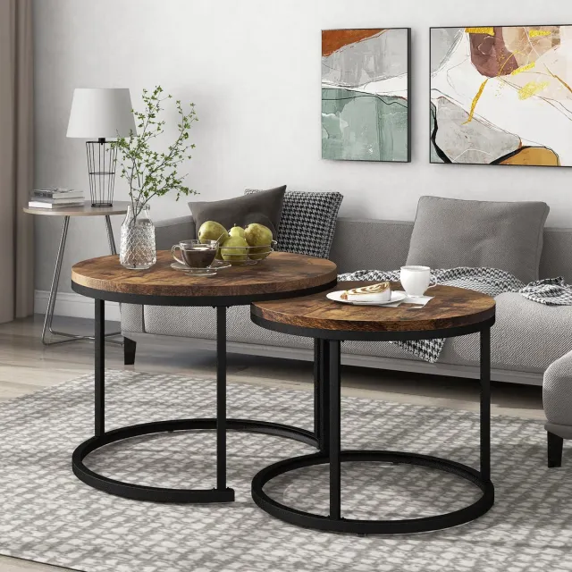 REDOM Salontafel set van 2, MDF met metalen frame, nestbaar rond ontwerp Bruin
