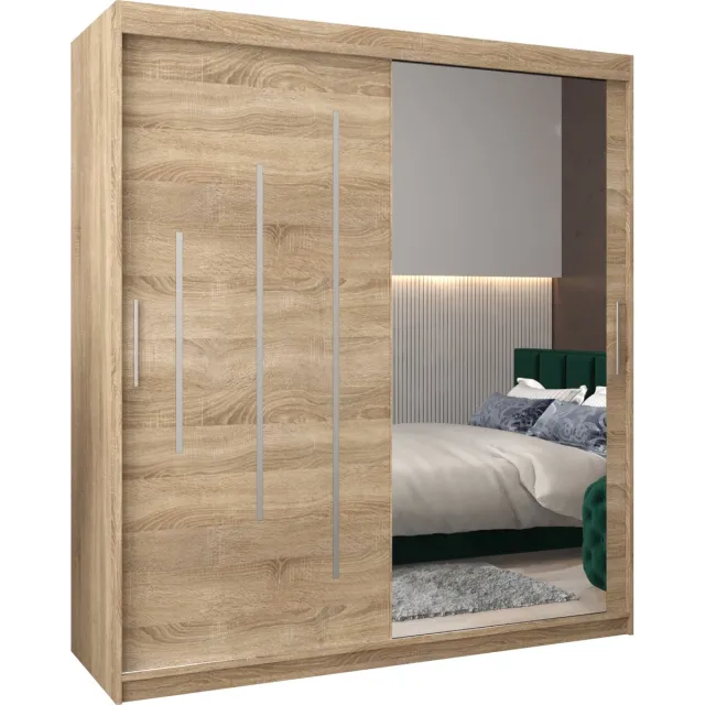 InspireME Kledingkast met 2 schuifdeuren, Modern-stijl, Een kledingkast met planken en een spiegel (BxHxD): 180x200x62 - MALTESE II 180 Sonoma Eik