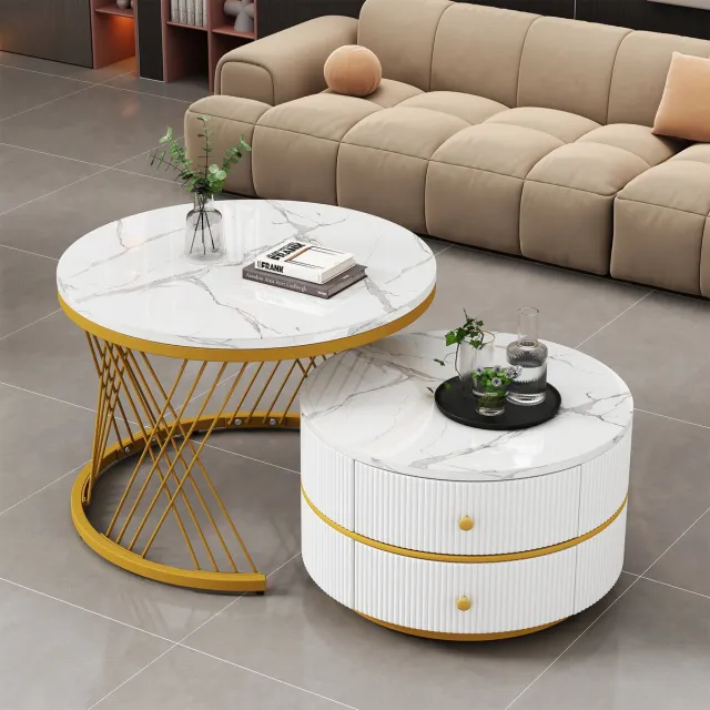 Wishdor Set van 2 Salontafels 60x60x46 + 50x50x30.8 cm van MDF, wit met hoogglans marmerlook, nestbaar en 2 lades