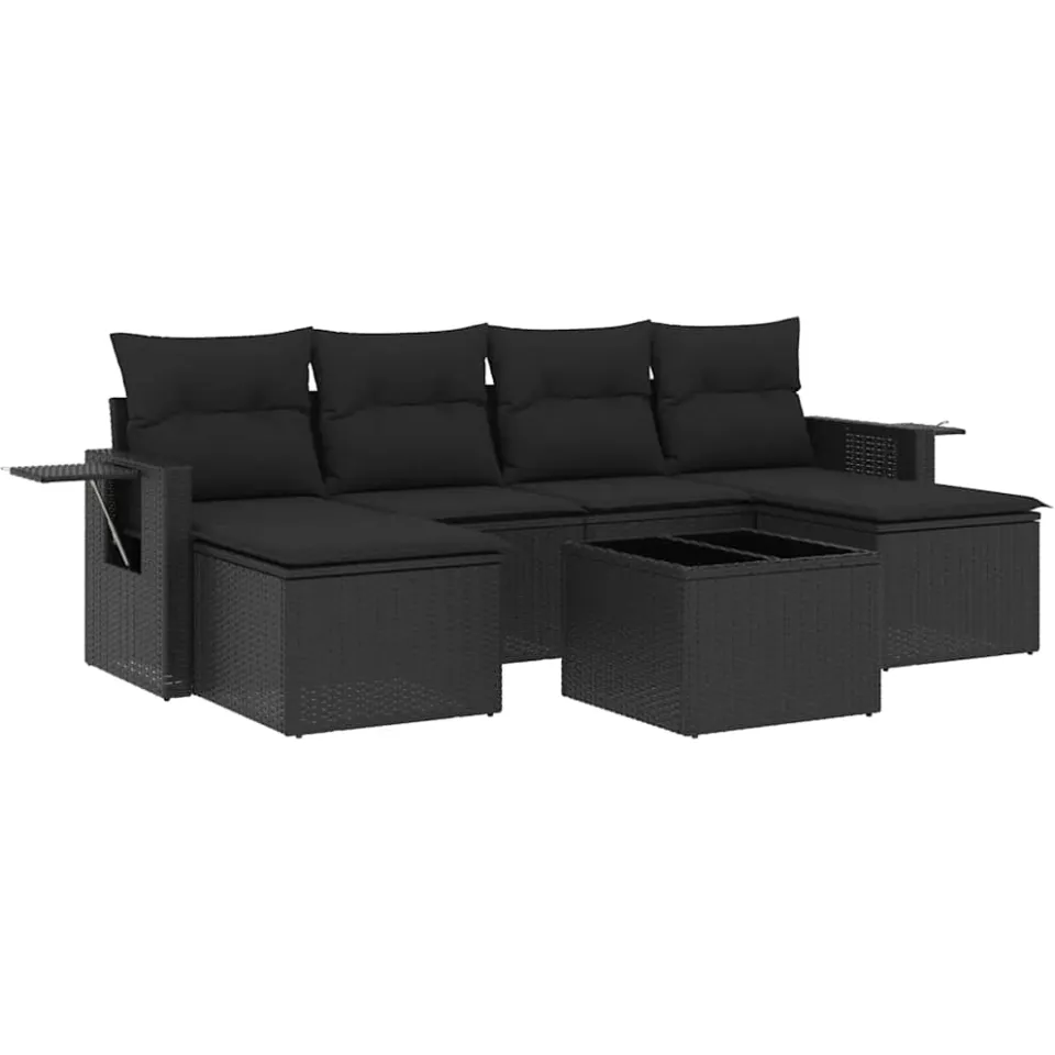 vidaXL 7-delige Loungeset met kussens poly rattan zwart, foto 3