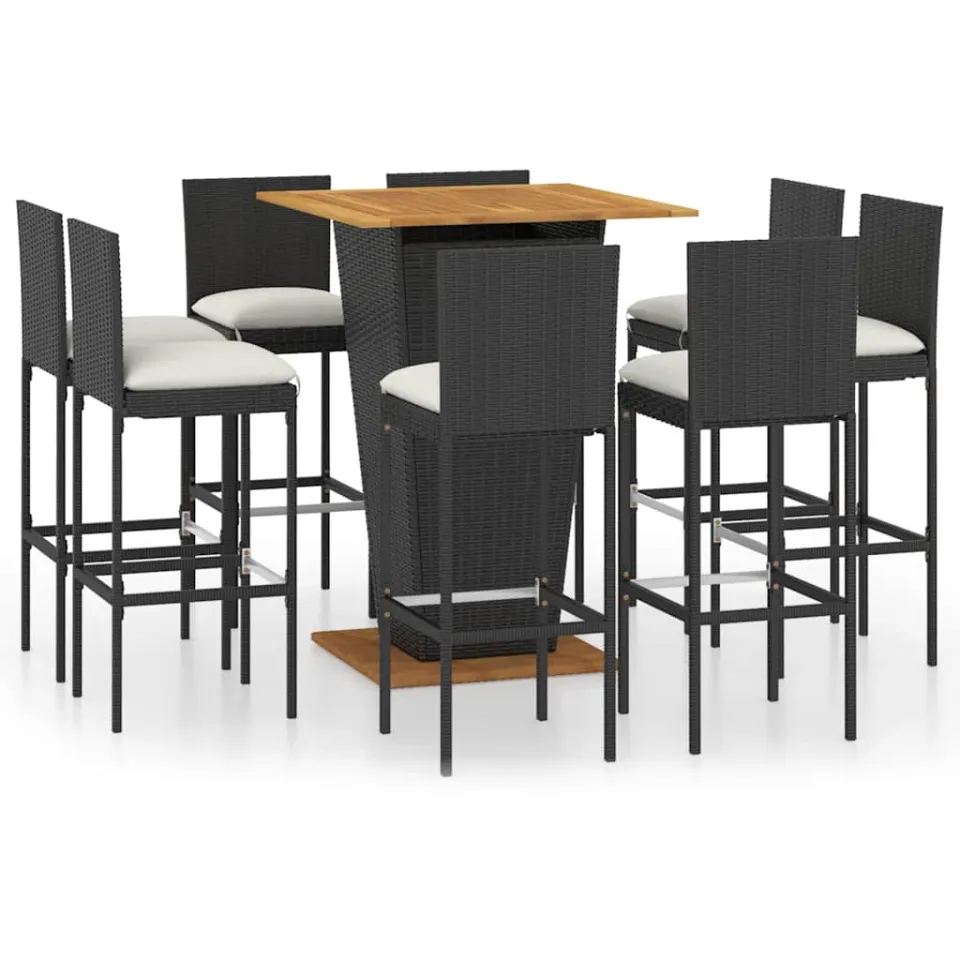vidaXL 9-delige Tuinbarset met kussens poly rattan zwart, foto 3