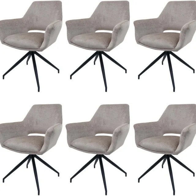 MCW Set van 6 eetkamerstoelen MCW-M53, keukenstoel Stoel met armleuning, draaibare autostand, metaal stof MVG ~ taupe