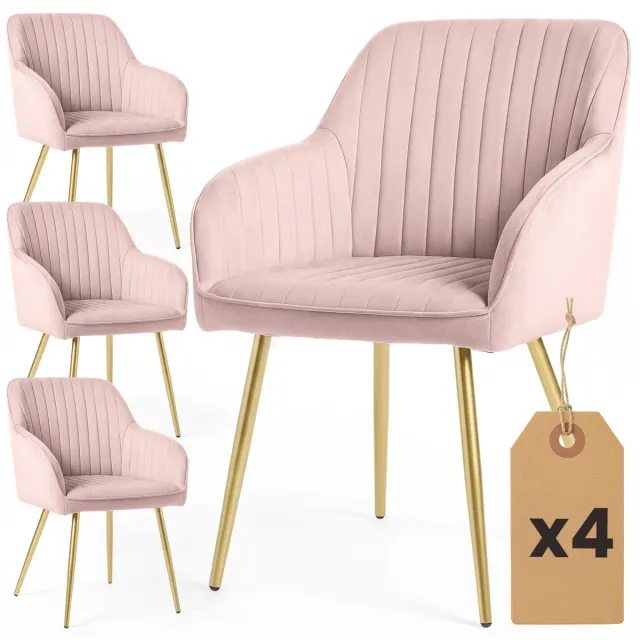 Akord Set van 4 Eetkamerstoelen FLORENCE met Armleuningen / Gestoffeerde Stoelen / Fluwelen Stoelen en Metalen Poten / Poederroze met gouden benen