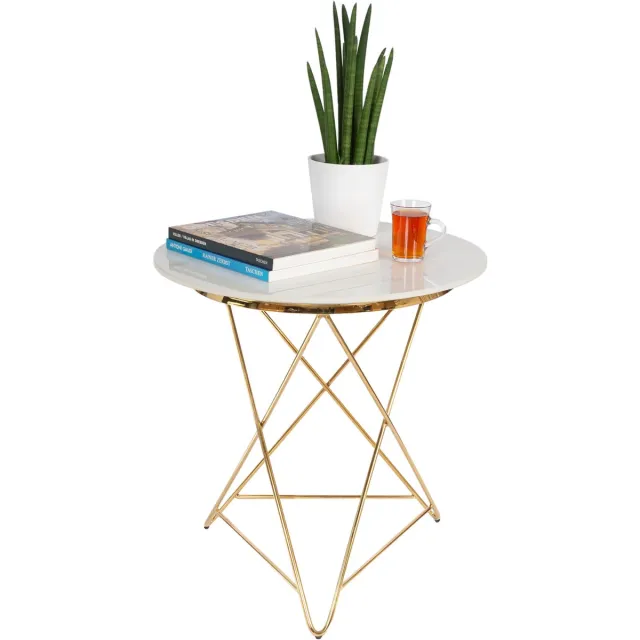 Casamoda Bijzettafel - Salontafel - Gouden Frame - Marmer - Stenen Tafelblad Rond - Zijtafel - L60 x B60 x H61 cm - Wit