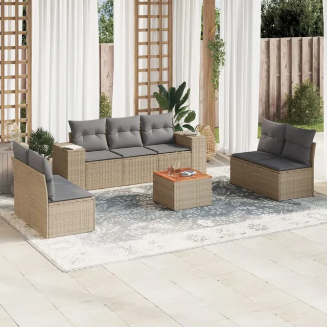 vidaXL 8-delige Loungeset met kussens poly rattan beige, foto 2