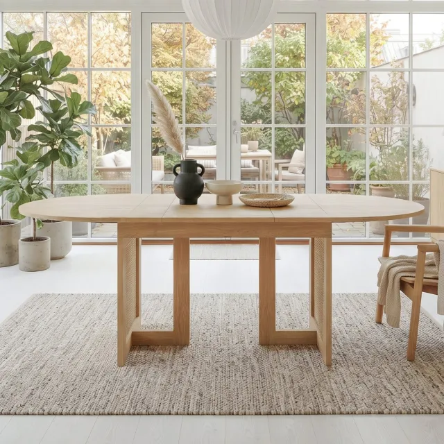 FloraGrace Eettafel - Uitschuifbaar Met Afgeronde Hoeken En Rotan Details - Voor 6 Tot 8 Personen - MDF - 160x80x75 Cm - Eikenkleur