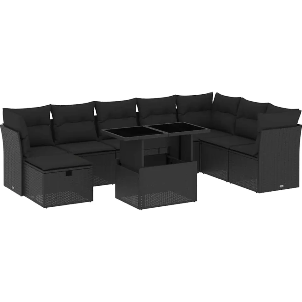 vidaXL 9-delige Loungeset met kussens poly rattan zwart