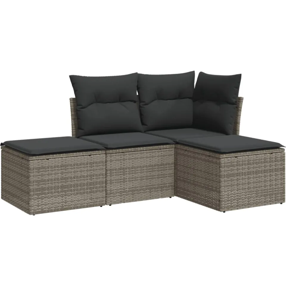 vidaXL 4-delige Loungeset met kussens poly rattan grijs, foto 3