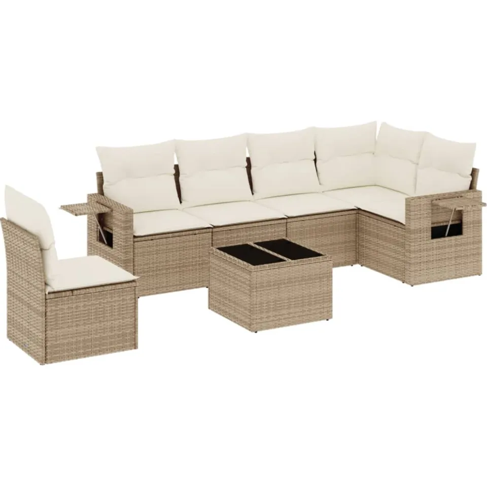 vidaXL 7-delige Loungeset met kussens poly rattan beige, foto 4