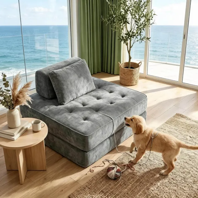 Wishdor Eenpersoons slaapfauteuil - Handmatig inklapbaar 2-in-1 ontwerp - Zonder armleuningen met kussen - Voor woonkamer slaapkamer logeerkamer - Chenille - Grijs - 97 x 97 x 70 cm