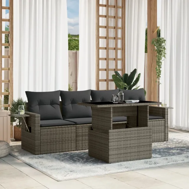 vidaXL 5-delige Loungeset met kussens poly rattan grijs, foto 2