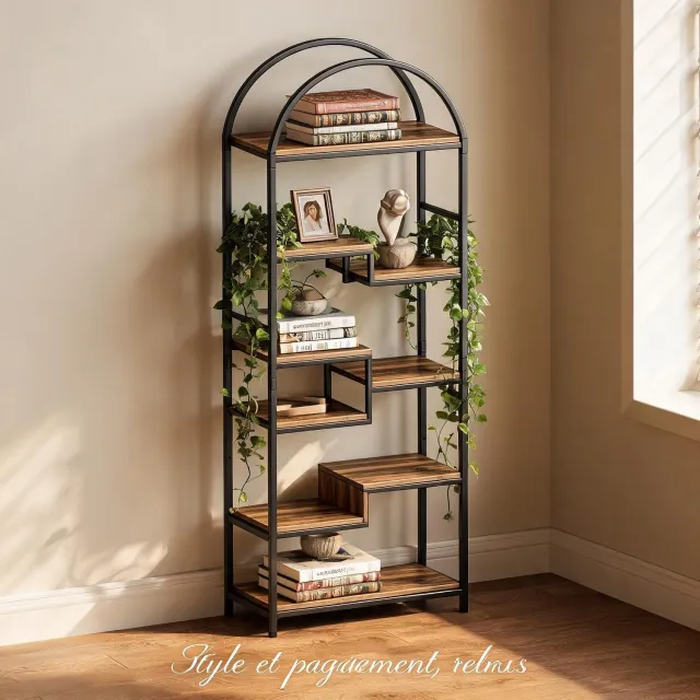 HOERFURIY Bruin boogvormig boekenrek 60 × 30 × 170 cm, houtlook met zwart metalen frame, decoratief rek voor woonkamer