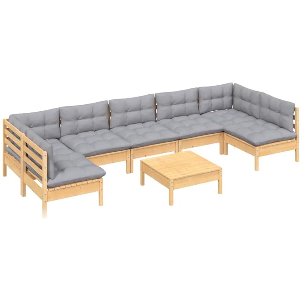 vidaXL 8-delige Loungeset met grijze kussens massief grenenhout grijs