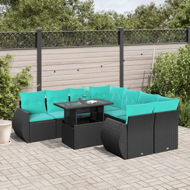 vidaXL 9-delige tuinbankset met kussens van zwart polyrotan, foto 2