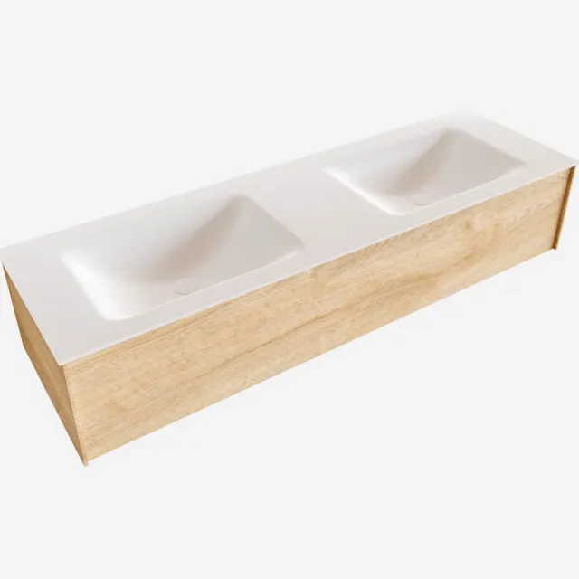 Boss & Wessing Badkamermeubel BWS Madrid Washed Oak 150x45x30 cm Mat Witte Solid Surface Wastafel Dubbel (0 kraangaten)