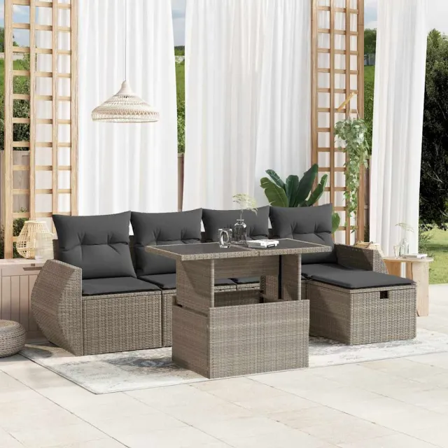 vidaXL 6-delige Loungeset met kussens poly rattan lichtgrijs grijs, foto 2