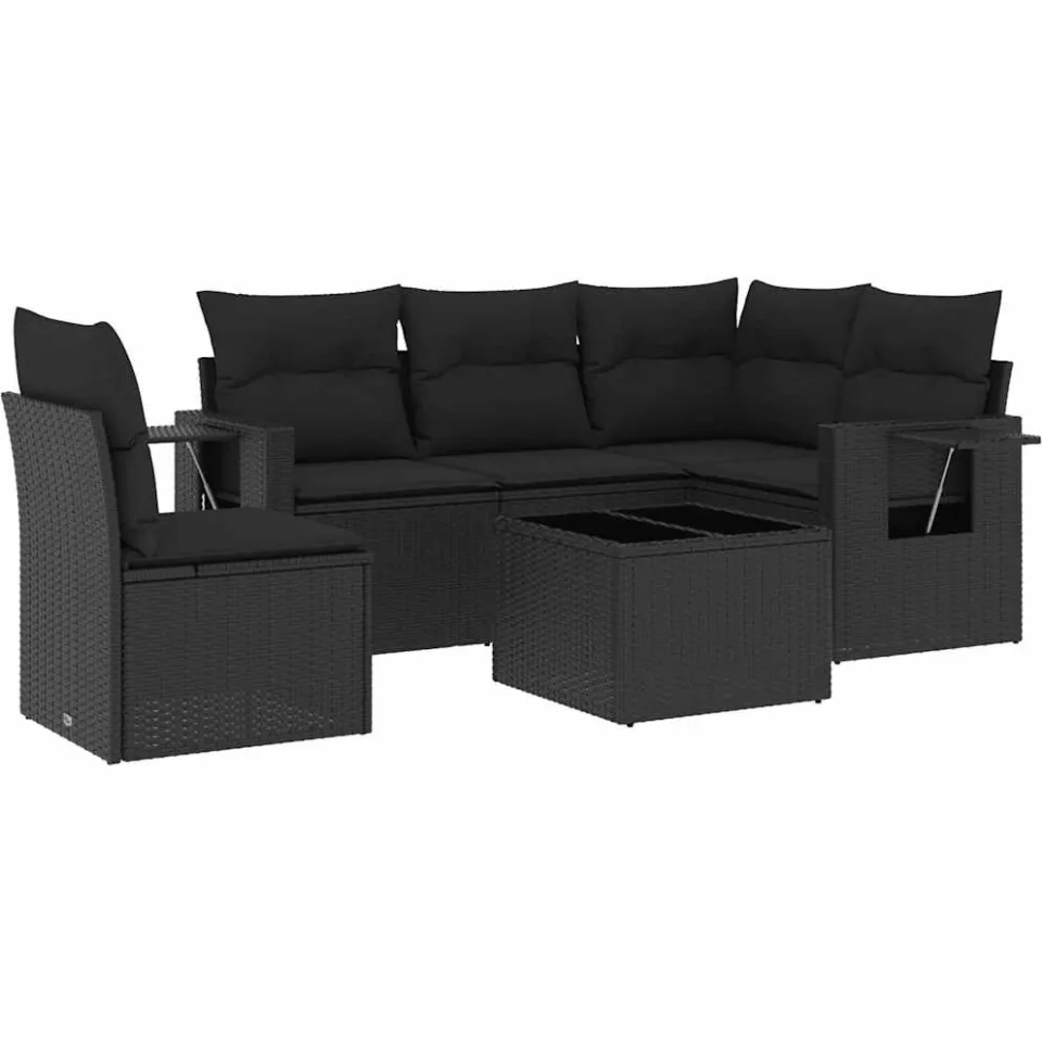 vidaXL 6-delige Loungeset met kussens poly rattan zwart