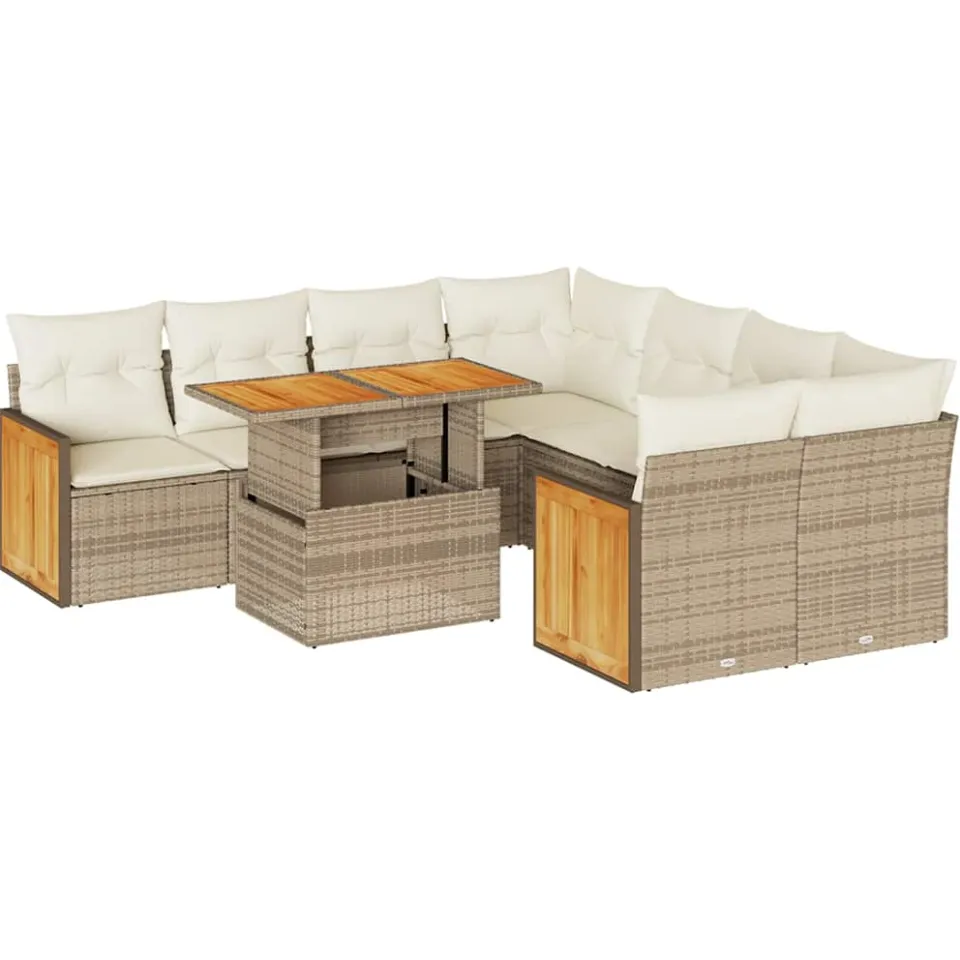vidaXL 9-delige Loungeset met kussens poly rattan acacia beige, foto 3